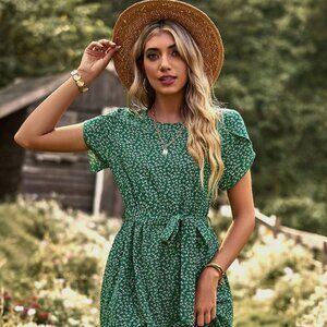 Devine Belted Round Neck Petal Sleeve Mini Dress